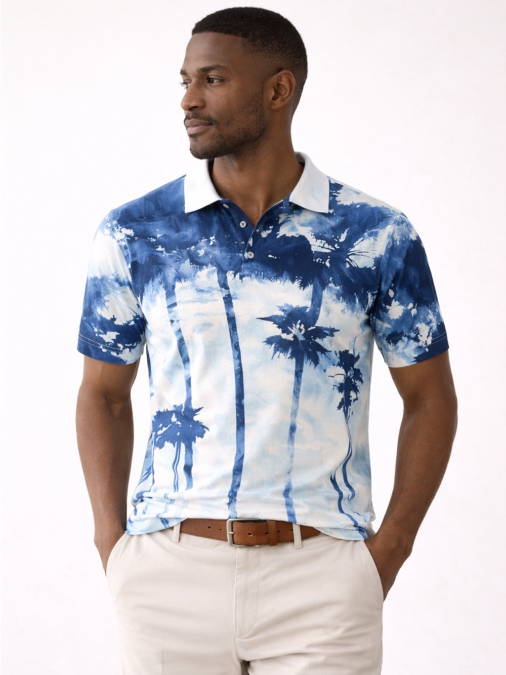 Bugatchi Air Blue Palm Print Mercerized Cotton Polo Luxury Surf Core Size M